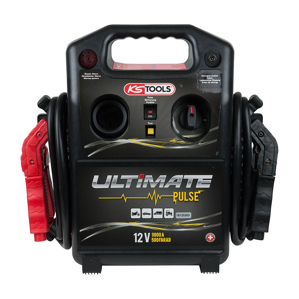 Schwarzes Starthilfegerät mit Griff, roten und schwarzen Kabeln. Aufschrift "ULTIMATE PULSE" und "KS TOOLS".